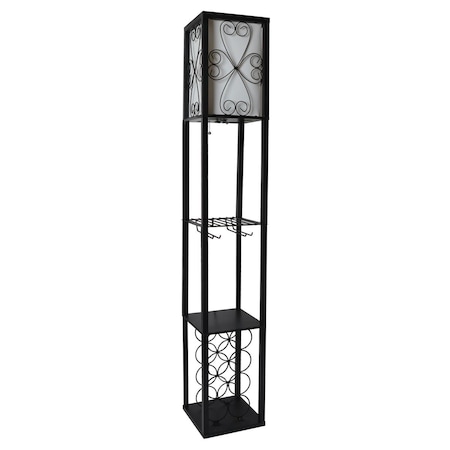 Lighting Business Floor Lamp Etagere Organizer Storage Shelf & Wine Rack with Linen Shade, Black LI2519759